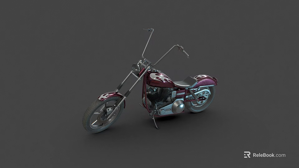 Maroon Chopper Motorcycle With Long Handlebars Black Seat And Chrome Details On Gray Background 3d model 