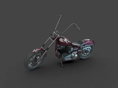 Maroon Chopper Motorcycle With Long Handlebars Black Seat And Chrome Details On Gray Background 3d model