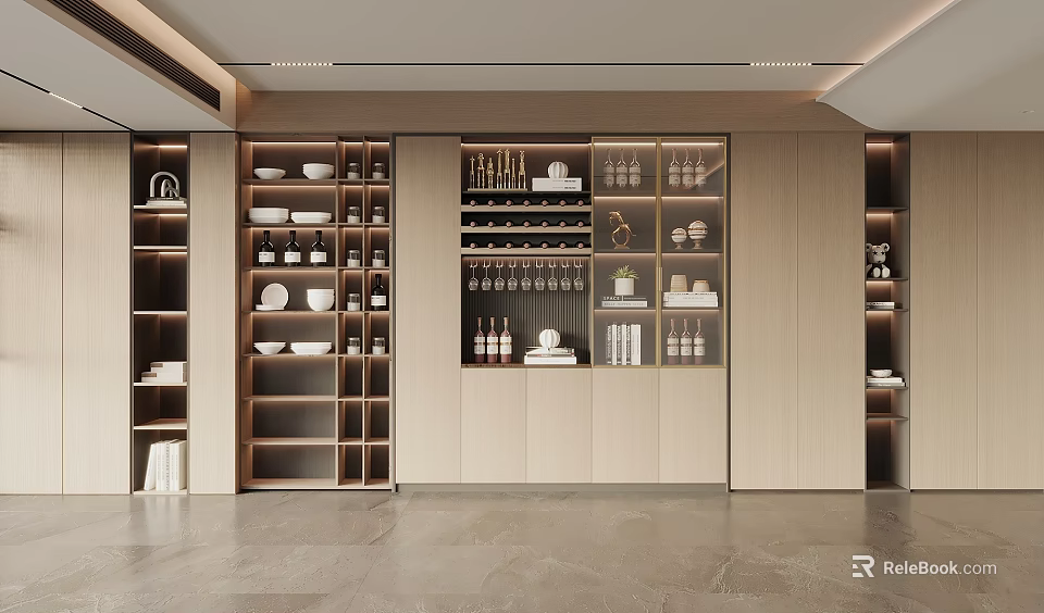 Modern Wine Cabinet Design With Glass Doors And Display Shelves For Wine Bottles 3d model 
