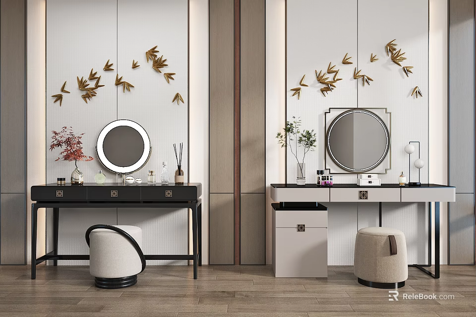 Modern Dressing Tables With Round Mirrors Gold Leaf Decorations Vases Plants And Stools 3d model