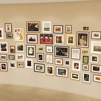 Creative Photo Wall Arrangement With Various Framed Photos Different Sizes Family Portraits And Scenic 3d model