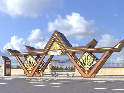 Traditional Architectural Entrance With Triangular Roof Golden Decorations And Blue Sky 3d model