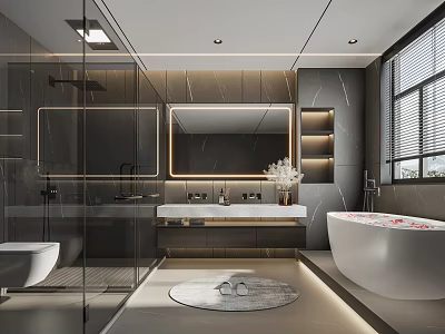 Modern Bathroom Interior With Glass Shower Bathtub Vanity And Mirror 3d model