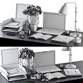 Modern Laptop Desk Setup With 8 31 Digital Clock Open Book Table Lamp And Stationery