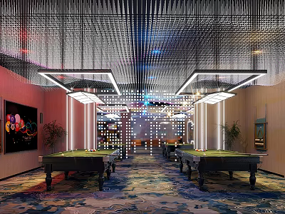 Elegant Modern Billiard Room Interior With Green Tables Ceiling Lights And Patterned Carpet 3d model
