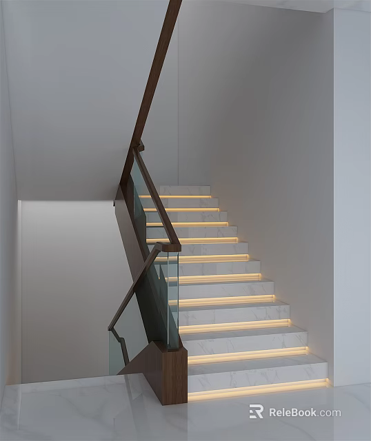 Modern Interior Staircase With Glass Railing Marble Steps And Recessed Lighting 3d model 