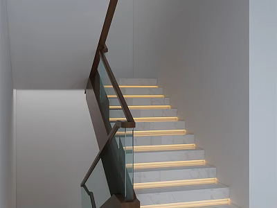Modern Interior Staircase With Glass Railing Marble Steps And Recessed Lighting 3d model