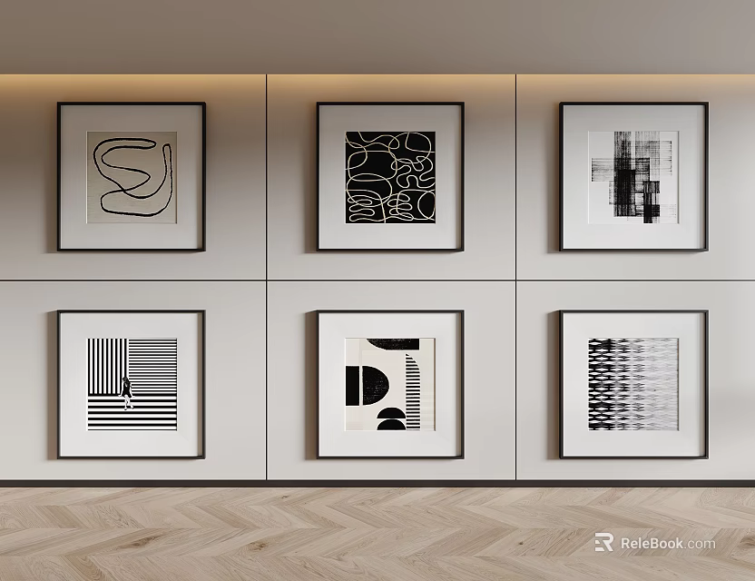 Black and White Abstract Wall Art Six Framed Paintings in Modern Interior Decor 3d model 