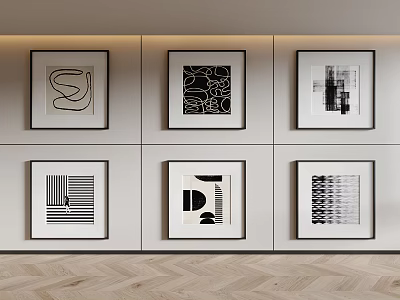 Black and White Abstract Wall Art Six Framed Paintings in Modern Interior Decor 3d model