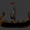 Viking Warrior Dragon Head Ship With Decorated Sail Colored Shields And Oars
