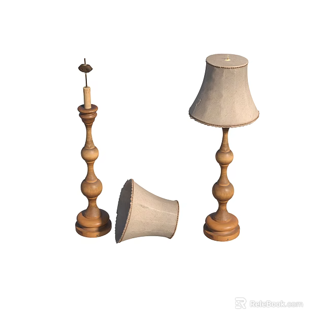 Vintage Wooden Table Lamp With Carved Base And Fabric Lampshade Parts 3d model 