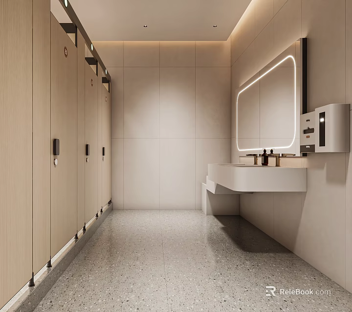 Modern Public Restroom Design With Sink Mirror And Partitioned Stalls 3d model 