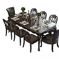 Elegant Dining Table Setup With Eight Chairs Tableware Wine Glasses And Green Plant Decorations