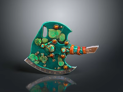 Ornate Green Axe With Leaf Flower Decorations Orange Gold Beads And Silver Blade 3d model
