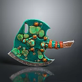 Ornate Green Axe With Leaf Flower Decorations Orange Gold Beads And Silver Blade