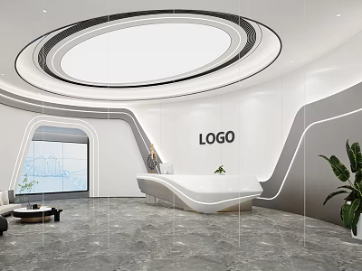 Modern Reception Area With Curved Front Desk Marble Floor Round Ceiling Light Green Plant 3d model