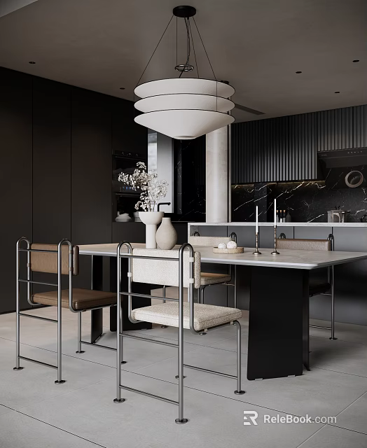 Modern Restaurant Interior With Dining Table Chairs Pendant Light And Flower Vases 3d model 