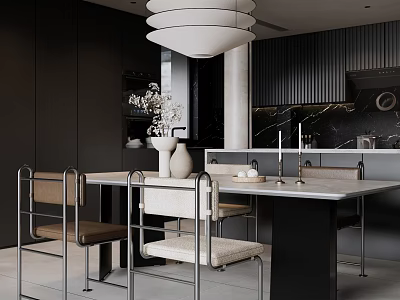 Modern Restaurant Interior With Dining Table Chairs Pendant Light And Flower Vases 3d model