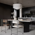 Modern Restaurant Interior With Dining Table Chairs Pendant Light And Flower Vases