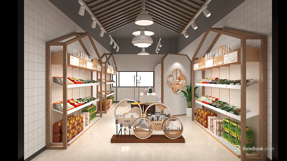 Farm Fresh Produce Specialty Store With Wooden Shelves Fruits Vegetables Central Display And Pendant Lights 3d model 