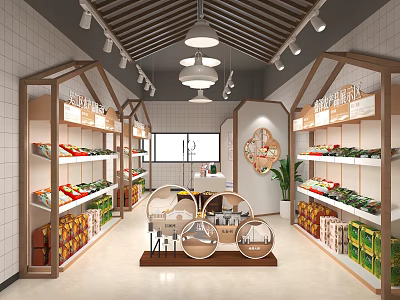 Farm Fresh Produce Specialty Store With Wooden Shelves Fruits Vegetables Central Display And Pendant Lights 3d model