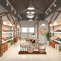 Farm Fresh Produce Specialty Store With Wooden Shelves Fruits Vegetables Central Display And Pendant Lights