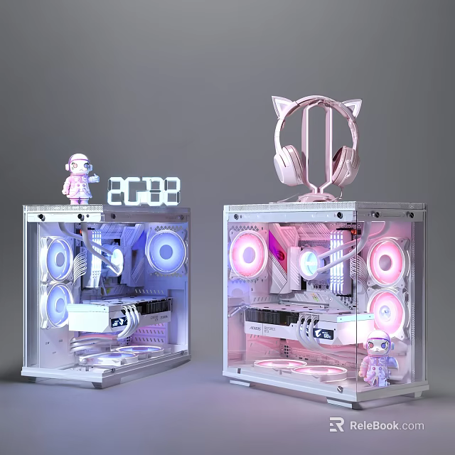 Transparent PC Cases With RGB Lighting Cat Ear Headphones Astronaut Figurine 2023 Digital 3d model 