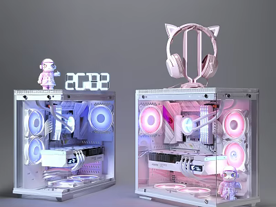 Transparent PC Cases With RGB Lighting Cat Ear Headphones Astronaut Figurine 2023 Digital 3d model