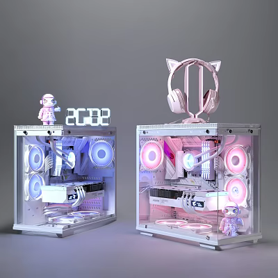 Transparent PC Cases With RGB Lighting Cat Ear Headphones Astronaut Figurine 2023 Digital 3d model