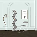 Modern Metal Bookshelf With Books And Coffee Cup Near Chair Floor Lamp And Wall Art