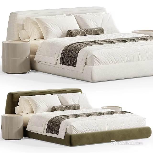 Elegant Modern Double Bed Interior With Upholstered Headboard Striped Blanket And Bedside Tables 3d model 