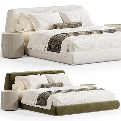 Elegant Modern Double Bed Interior With Upholstered Headboard Striped Blanket And Bedside Tables 3d model