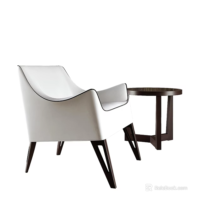 Modern White Leather Single Sofa With Elegant Dark Legs And Small Round Table 3d model