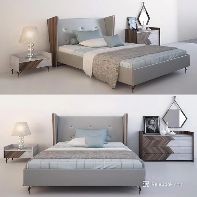 Modern Double Bed Interior With Upholstered Headboard Bedside Tables And Lamps 3d model