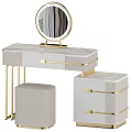 Elegant Vanity Table With Marble Top Gold Metal Frame Round Mirror Drawers And Upholstered Stool