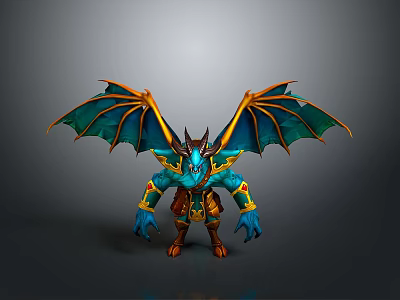 3D Blue Mythical Dragon Game Movie Character with Green Orange Wings and Decorative Armor 3d model