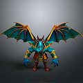 3D Blue Mythical Dragon Game Movie Character with Green Orange Wings and Decorative Armor