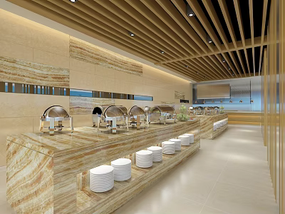 Modern Restaurant Buffet With Marble Counter Chafing Dishes And White Plates 3d model