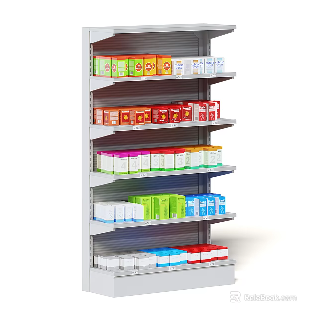 Retail Display Shelves With Neatly Arranged Colorful Product Packages On Multiple Layers 3d model 