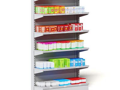 Retail Display Shelves With Neatly Arranged Colorful Product Packages On Multiple Layers 3d model