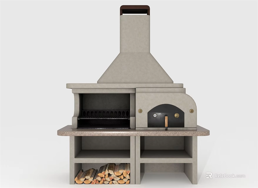 Outdoor Pizza Oven With Chimney Grill Compartment Stone Countertop And Wood Storage Shelf 3d model 