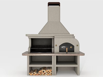 Outdoor Pizza Oven With Chimney Grill Compartment Stone Countertop And Wood Storage Shelf 3d model