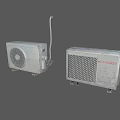 Industrial Outdoor AC Units With Metal Casing And Red Lettering Ventilation Grilles
