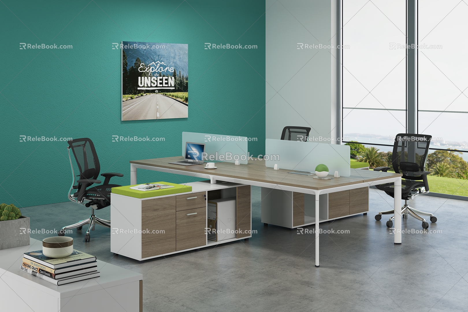 Open office area desk station staff office with bed station financial office office staff office 3d model