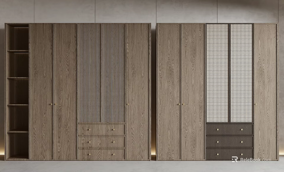 Modern Wooden Wardrobe Interior Design With Drawers And Grid Panel Doors 3d model 