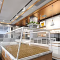 Modern Dessert Shop Interior With Counter Display Shelves Green Plants And Warm Lighting