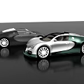 Two Bugatti Sports Cars In Dark And Silver Green Colors On Black Glossy Reflective Surface