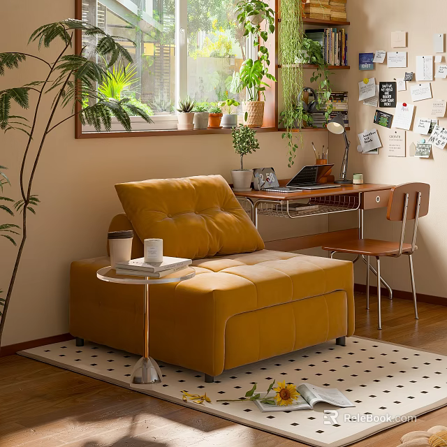 Study Room Interior Design With Yellow Sofa Side Table Desk And Plants By Window 3d model 