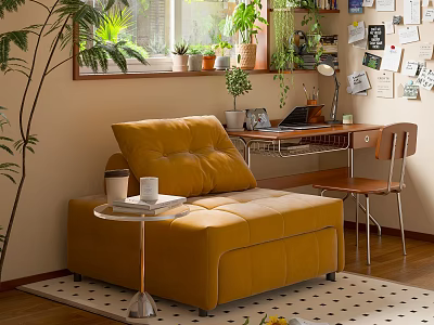 Study Room Interior Design With Yellow Sofa Side Table Desk And Plants By Window 3d model