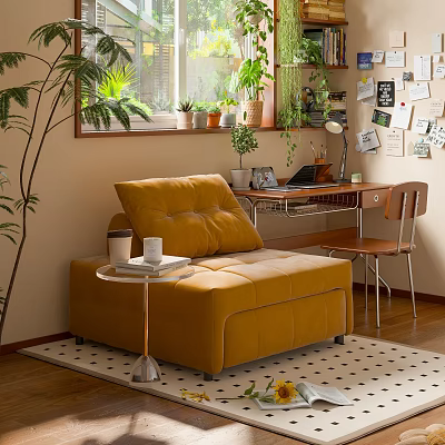 Study Room Interior Design With Yellow Sofa Side Table Desk And Plants By Window 3d model